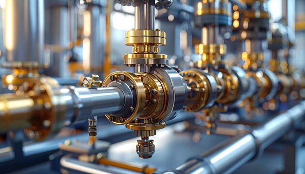 Close-up of a complex system of metallic pipes connected with golden flanges and valves inside a modern manufacturing facility