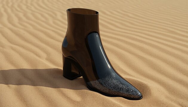 Futuristic transparent glass ankle boot on desert sand dunes, luxury surreal high heel fashion footwear, creative conceptual 3D render shoe art
