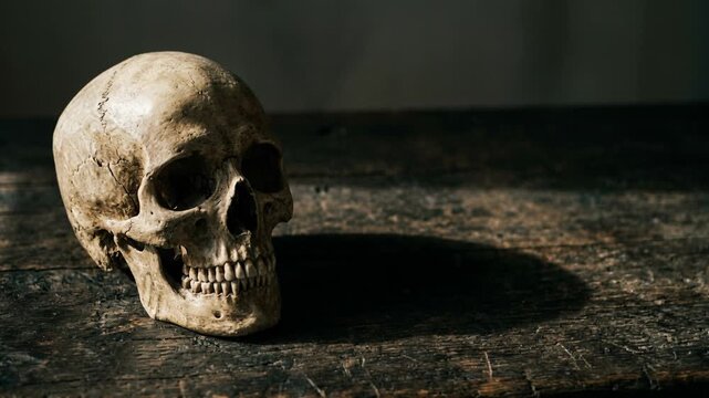 Human skull resting on dark wooden table in rustic room. Spooky seasonal decor with dramatic shadow and mystery. Halloween 2026 festival celebration and spooky holiday concept.