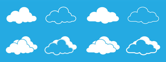 Obraz premium Collection of white clouds in various shapes. Creative cloud shapes in rows. Simple cloud floating in blue sky. Clouds for design. Weather illustration, vector illustration