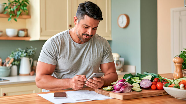Man using smartphone while planning healthy meal with fresh vegetables and notes in modern home kitchen
