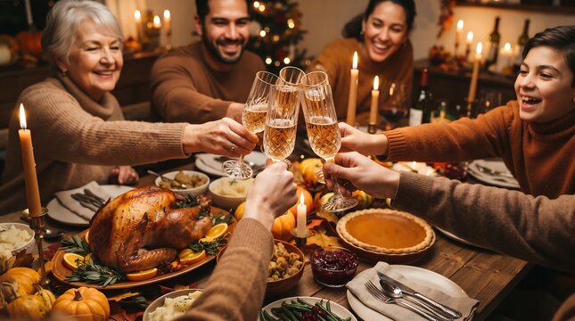 Multi-generational family toasting with champagne glasses around a warm holiday dinner table filled with roasted turkey and festive dishes.
