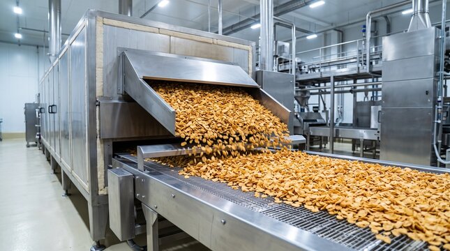 Automated industrial conveyor belt dispensing freshly baked golden cereal flakes from oven, depicting large scale commercial food manufacturing plant process