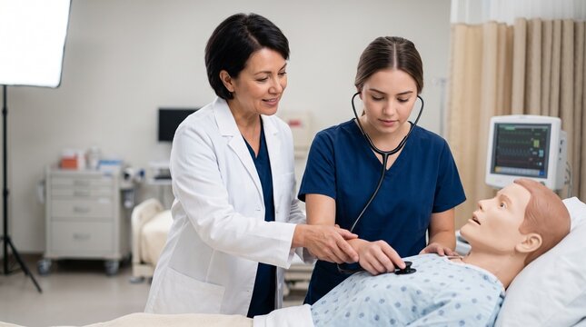 Female medical instructor guiding nursing student using stethoscope on patient mannequin, representing clinical skill training and healthcare education classroom