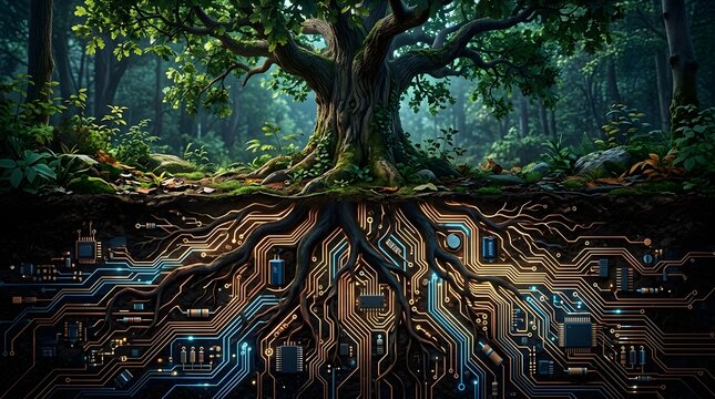 Tree roots revealing futuristic circuit board digital forest underground technology art AI render