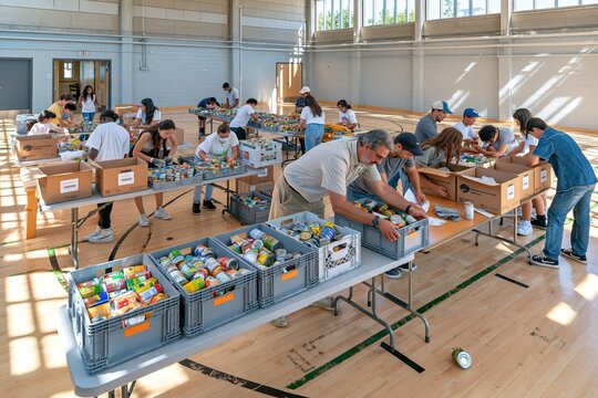 Thanksgiving food drive with volunteers sorting canned goods into crates on folding tables in a sunlit school gym for community support