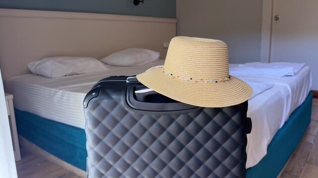 Black quilted suitcase with a straw hat resting on top, positioned near an unmade bed in a cozy hotel room with light blue walls and wooden flooring
