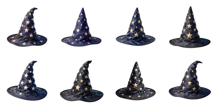 Different types of wizard hats with stars on black background for halloween