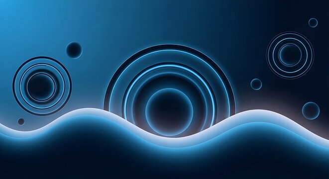 Abstract blue background with glowing circular light rings and wave pattern