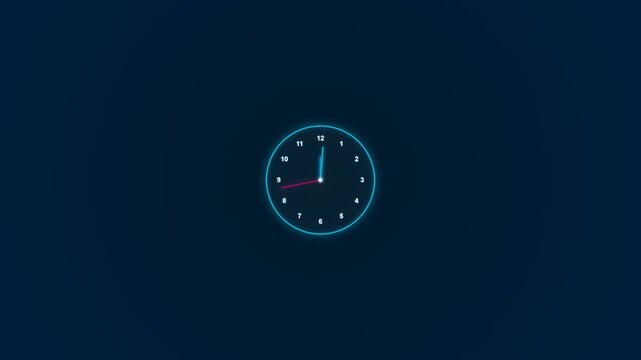 Abstract glowing neon clock animation against a dark blue background showing time concept