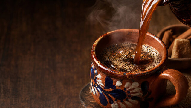 Cafe de Olla Coffee Pouring Macro &mdash; Hispanic Heritage Month Spiced Coffee Background
