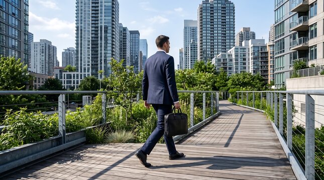 Profile view of a businessman carrying a briefcase while walking along a wooden elevated pathway surrounded by urban skyscrapers.