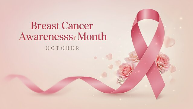 A flowing silk ribbon layout adorned with delicate pink roses highlights October Breast Cancer Awareness Month campaigns, created with generative AI.