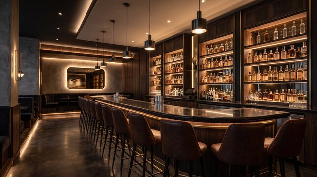 Warmly lit modern luxury bar interior with leather counter stools and illuminated liquor bottles, depicting elegant lounge ambiance and sophisticated nightlife venue