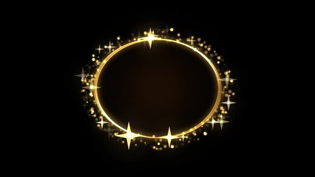 Glowing golden oval ring frame with sparkling star particles animation background loop, luxury video motion graphics design element