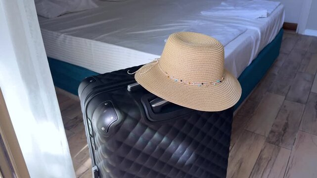 Black suitcase with a straw hat placed on top, positioned near a bed in a bright hotel room with light-colored wooden flooring and a blue bed frame