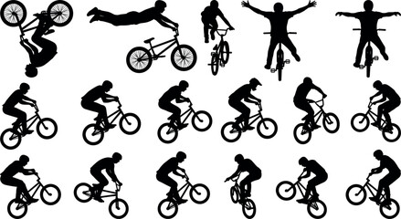 Fototapeta premium Set of silhouettes of people performing various extreme stunts on bmx bicycles