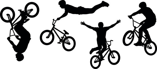 Fototapeta premium Set of silhouettes of bmx riders performing various stunts and tricks