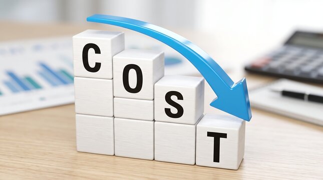 Cost reduction concept with white blocks and blue arrow, financial expense management, decreasing business costs and budget optimization