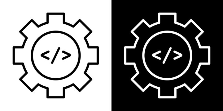 Code optimization icon with gear and code brackets, for software development, programming, and settings apps