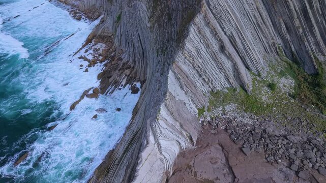 Aerial view from a drone of the Flysch of Bizkaia on the Cantabrian Sea coast between Algorta and Bakio. Province of Bizkaia. Basque Country. Spain. Europe.