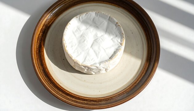 close-up of a single round wheel of Camembert cheese with a velvety white bloomy rind, soft texture, and cool temperature, placed in a ceramic plate on the right third of the frame with 90% clear copy