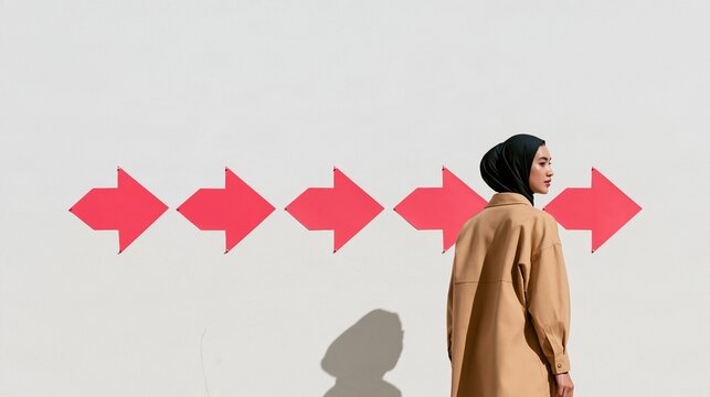 Indonesian woman in a hijab standing before red arrows on a grey concrete wall, focused and calm for disaster risk reduction and planning