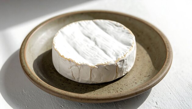 close-up of a single round wheel of Camembert cheese with a velvety white bloomy rind, soft texture, and cool temperature, placed in a ceramic plate on the right third of the frame with 90% clear copy