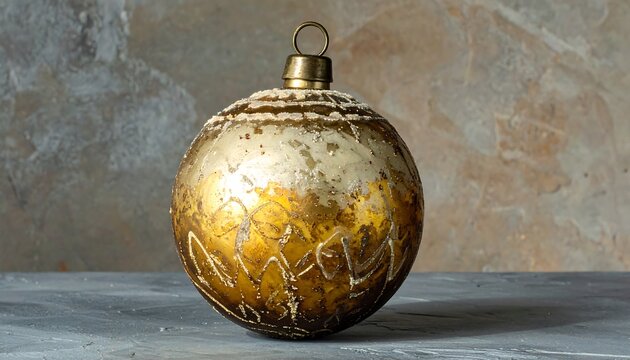 close-up of a single ornamental glass Christmas bauble with an etched geometric pattern, smooth glossy surface, and warm golden metallic cap, placed on the left third of the frame with 90% clear copy 
