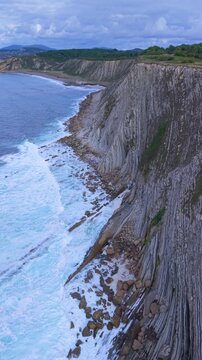Aerial view from a drone of the Flysch of Bizkaia on the Cantabrian Sea coast between Algorta and Bakio. Province of Bizkaia. Basque Country. Spain. Europe.