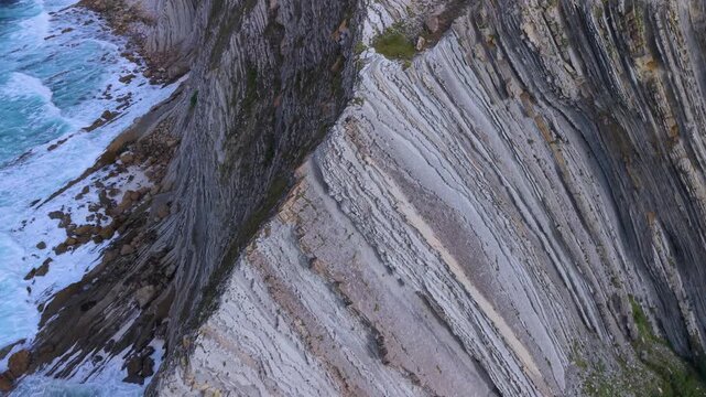 Aerial view from a drone of the Flysch of Bizkaia on the Cantabrian Sea coast between Algorta and Bakio. Province of Bizkaia. Basque Country. Spain. Europe.