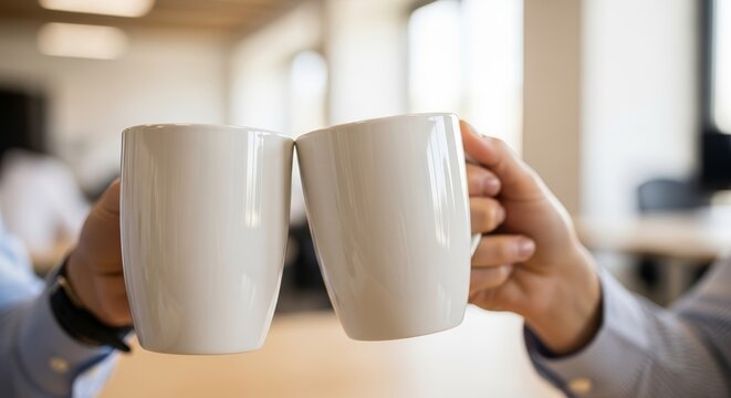 Toasting with coffee mugs in office setting for successful teamwork and collaboration. People enjoying coffee together celebrate achievements and strengthen relationships in professional environment.