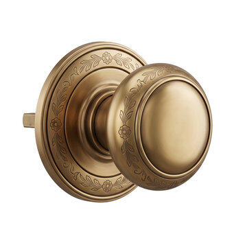 Antique bronze door knob with floral ornamentation on transparent background
