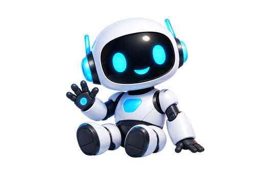 Cute 3D Robot Sitting and Waving Hello for AI Chatbot, Customer Support and Virtual Help Concepts. Isolated on Transparent Background.
