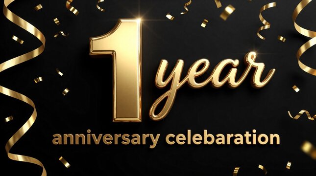 Golden number one and text celebrate one year anniversary with falling confetti and ribbons. Festive luxury background for special occasion, milestone, or event.