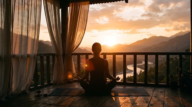 Silhouette of a woman meditating in lotus position on a wooden balcony overlooking mountain valley at sunset.