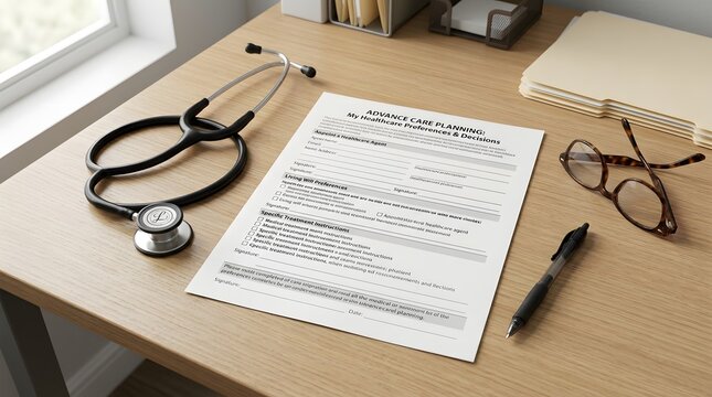 Advance Care Planning Form with Stethoscope, Pen and Reading Glasses on Office Desk for Future Healthcare Decisions