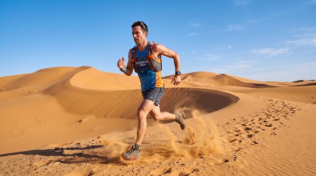 Male athlete running across desert sand dunes during an extreme outdoor marathon endurance challenge.