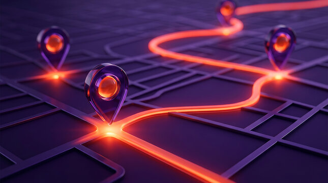 Glowing Map Pins Connected By Bright Route Lines On Digital Map