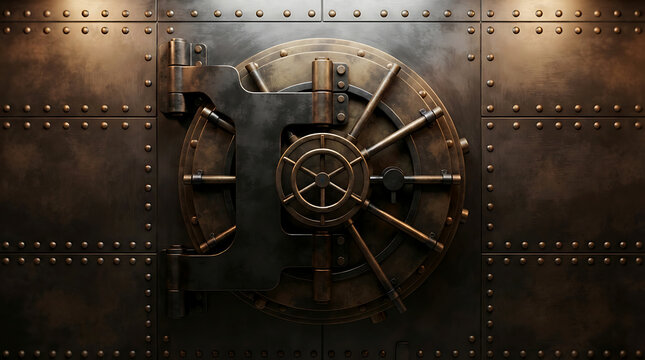 Large secure metal vault door with combination lock in dark industrial setting