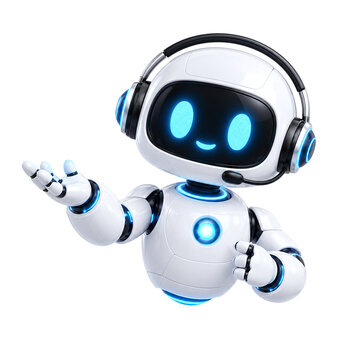 Cute 3D Robot Assistant with Headset Presenting and Gesturing for AI Chatbot, Customer Support and Virtual Help Concepts. Isolated on Transparent Background.