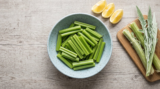 Celery stalks chopped into small pieces are placed in a blue bowl with lemon wedges and fresh leaves on a wooden cutting board.