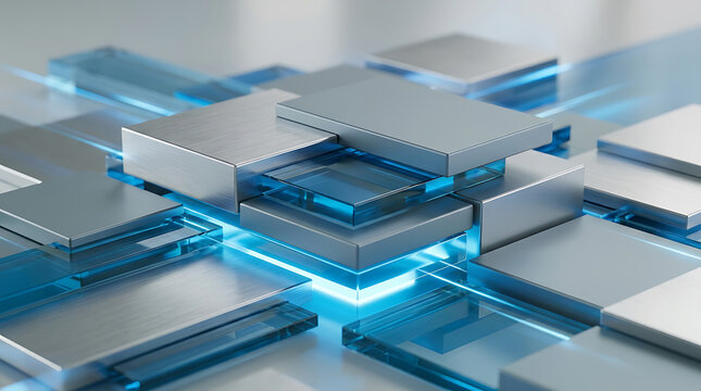 Modern Abstract Geometric Blocks with Translucent Blue Light Effects