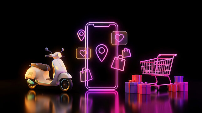 Modern Ecommerce Delivery Using Scooter And Shopping Cart With Mobile App Icons