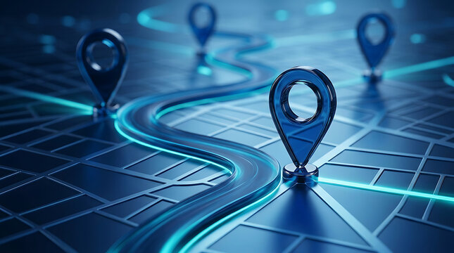 Modern digital map with glowing location pins on futuristic interface