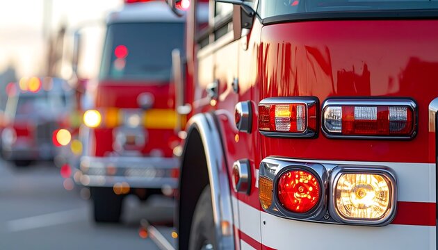 close-up of a single modern red fire engine truck with a smooth glossy metallic painted texture and chrome headlight housing, placed on the right third of the frame with 90% clear copy space on the op