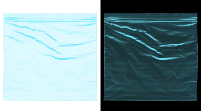 Crumpled plastic wrap texture, transparent polyethylene film overlay, wrinkled cellophane surface on white and black backgrounds