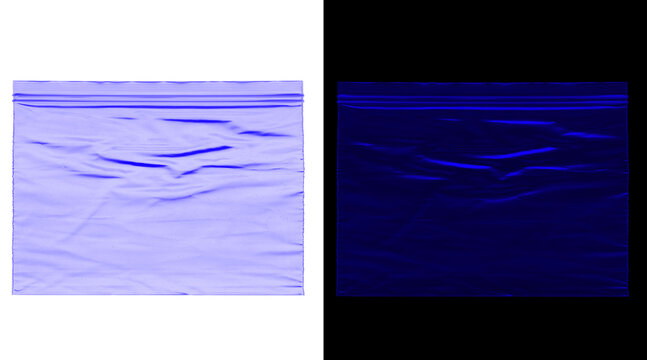 Normal map of wrinkled plastic bag texture, 3D displacement map for realistic polyethylene surface, blue and purple bump map for digital rendering