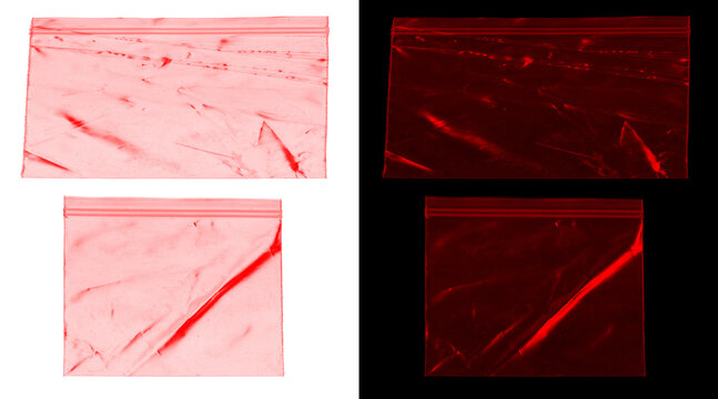 Red plastic texture set, wrinkled polyethylene film overlays, transparent red plastic wrap textures for graphic design and photo effects