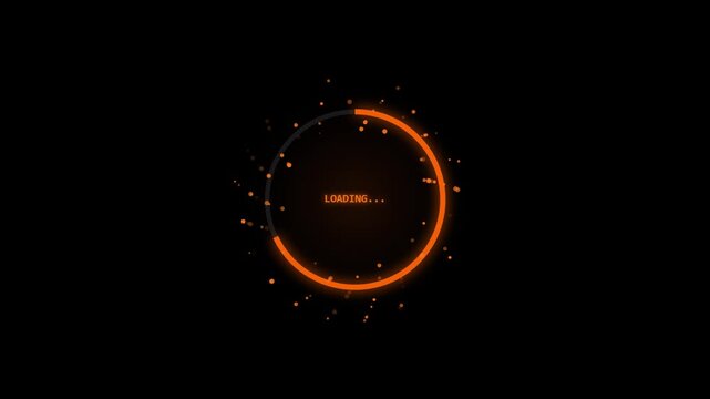 Cybernetic orange loading vortex with glowing pink paths creating a futuristic digital interface in a seamless motion loop